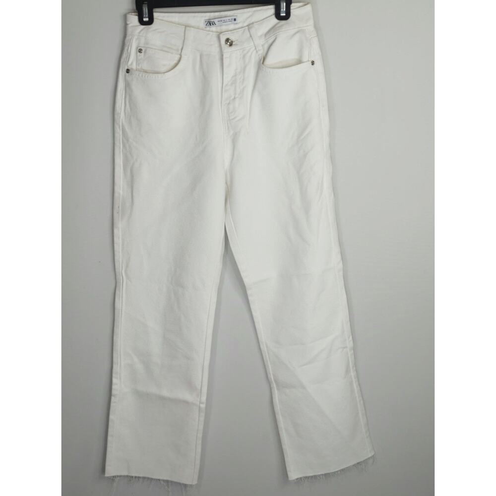Zara White Mom Jeans Women's Size 4 Cotton High Waist Preppy Tapered Raw Hem